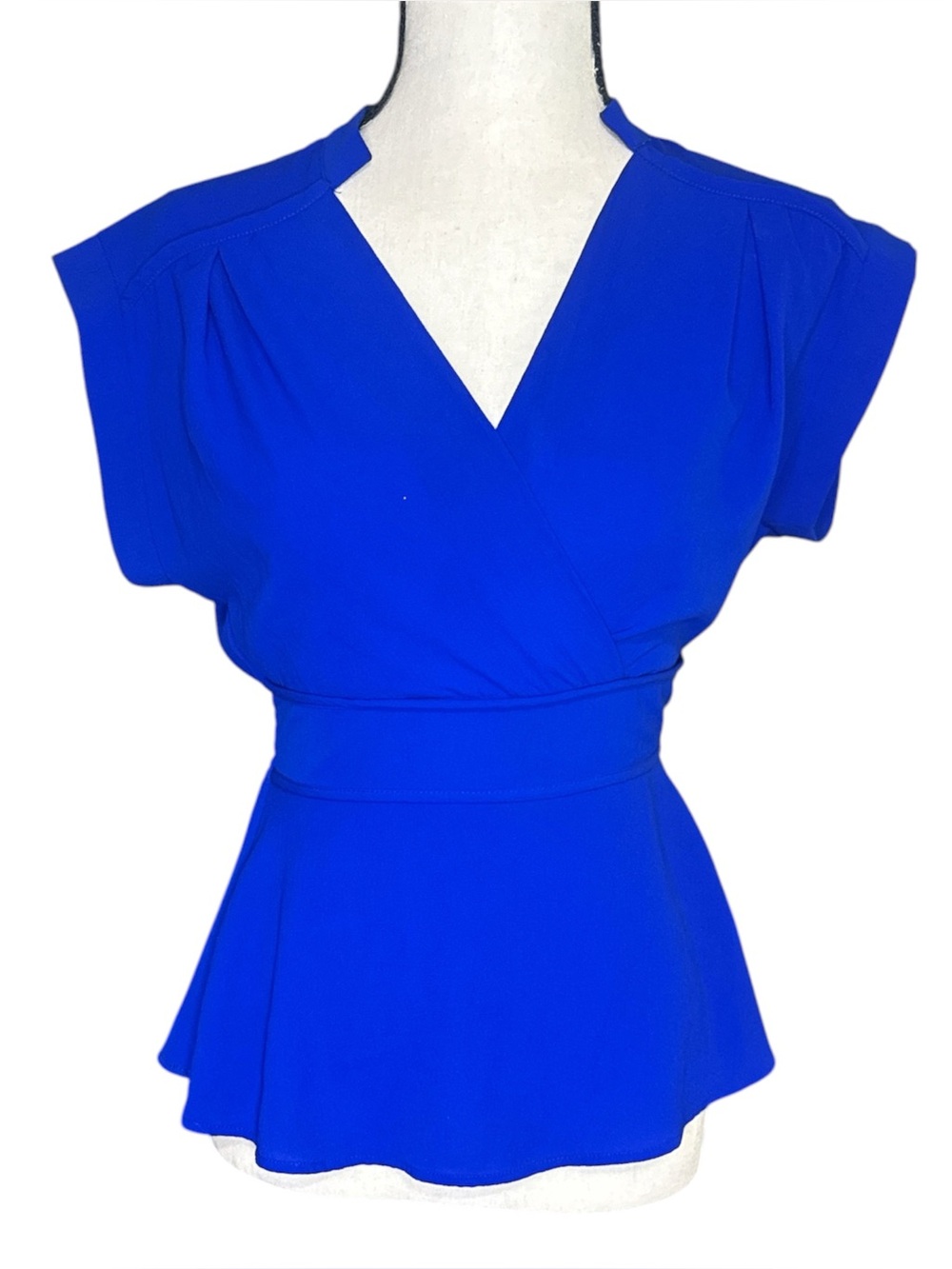 Monteau Los Angeles Royal Blue Faux Wrap Peplum Blouse Size Small | Summer Top - Picture 2 of 5